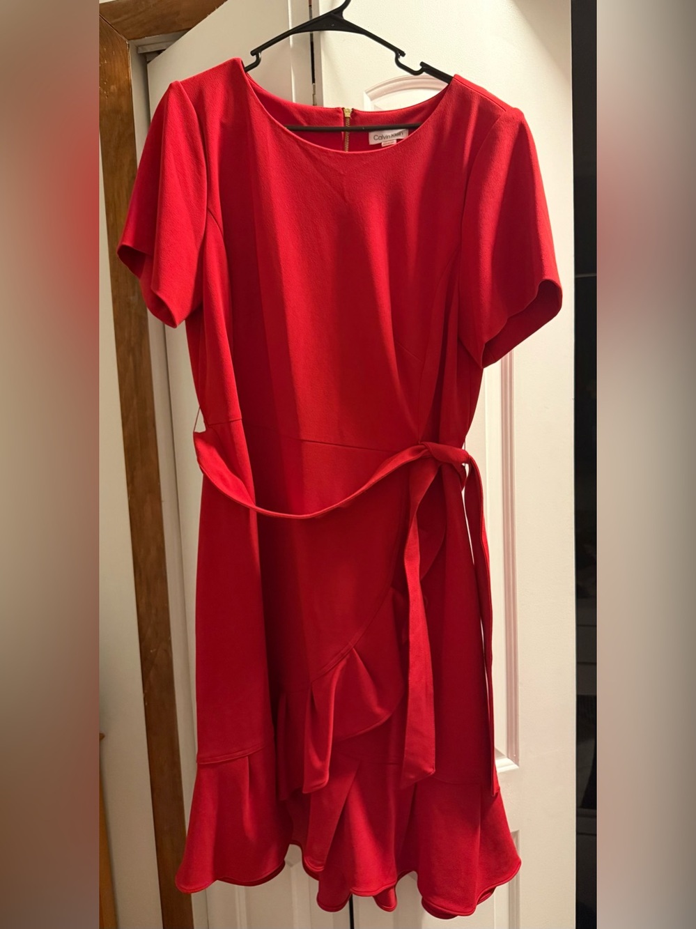 Calvin Klein Vibrant Red Tie-Waist Midi Dress